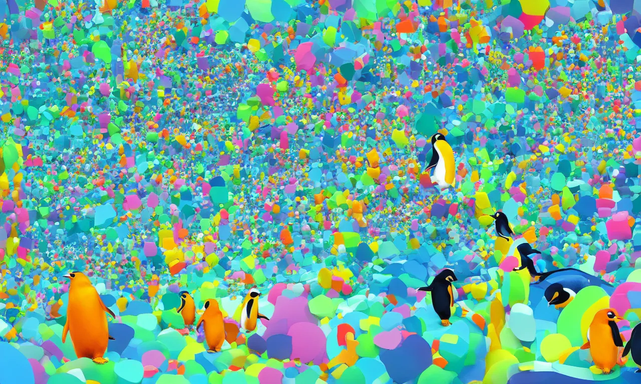 Prompt: three colorful pinguins, forested blobs and interconnected high speed rails, digital art, 3 d, illustration