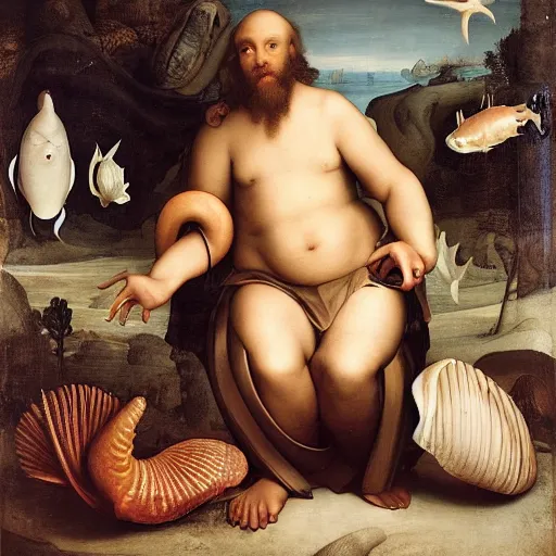 Prompt: by herbert list, by raphael, by jan van kessel the elder tired seashell. a experimental art of a mythological scene. large, bearded man seated on a throne, surrounded by sea creatures. he has a trident in one hand & a shield in the other. behind him is a large fish. in front of him are two smaller creatures.
