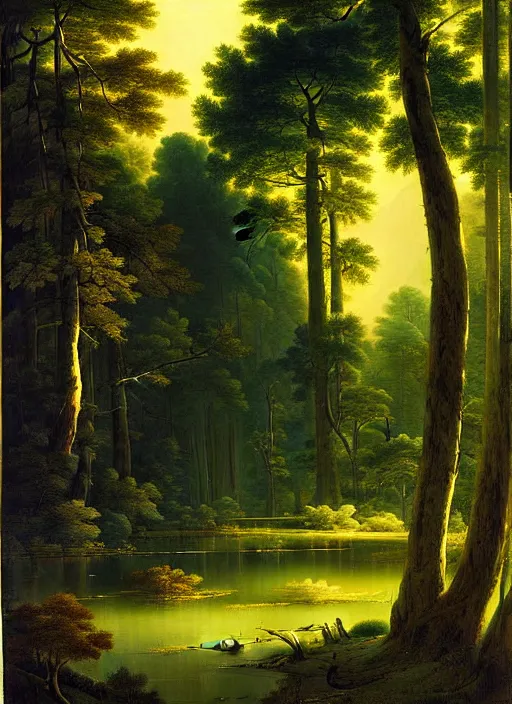 Image similar to a meadow clearing with extremely thin tall trees, spirit of the forest dwells, magically dense, calm serene atmosphere, by asher brown durand, by yoshitaka amano