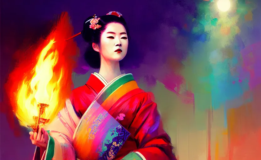 Image similar to female geisha girl holding a flame of rainbow, beautiful face, colourful, rule of thirds, thousands of colors, intricate outfit, spotlight, by greg rutkowski, by jeremy mann, digital painting