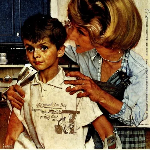 Prompt: A proud mother cutting her son's hair artwork by Norman Rockwell