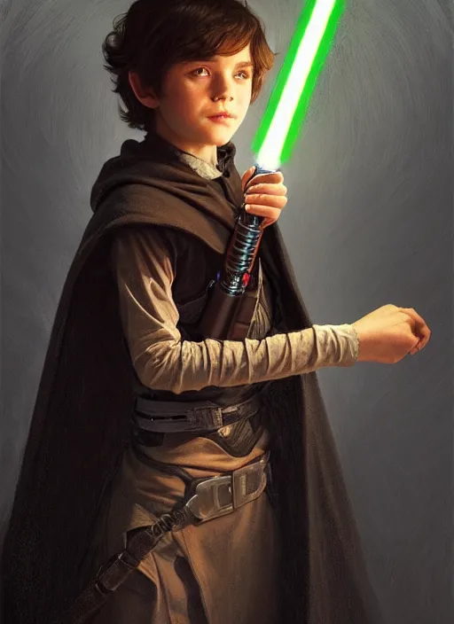 Image similar to perfectly - centered - portrait of a kid wearing black cloak holding light saber, intricate, highly detailed, digital painting, artstation, concept art, smooth, sharp focus, illustration, unreal engine 5, 8 k, art by artgerm and greg rutkowski and alphonse mucha and sam spratt