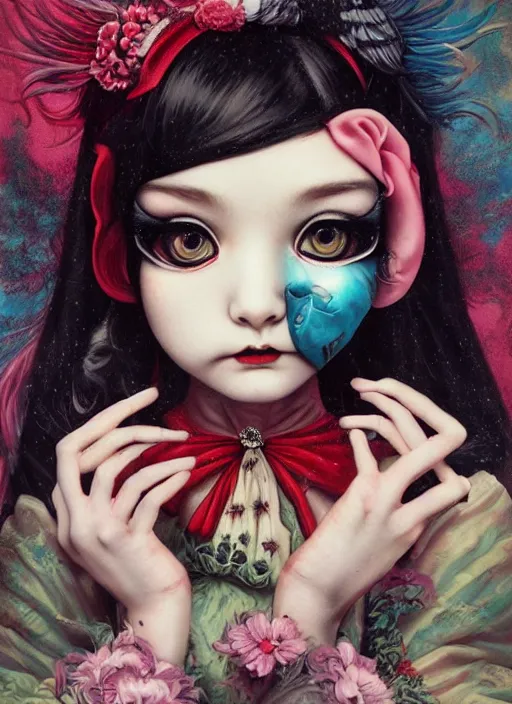 Image similar to pop surrealism, lowbrow art, realistic cute babymetal painting, japanese street fashion, hyper realism, muted colours, rococo, natalie shau, loreta lux, tom bagshaw, mark ryden, trevor brown style,