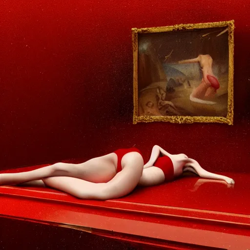 Image similar to Renee Herbert full body laying in a blood red pool of water between a golden mirror frame, outside is space and inside the mirror frame is a beautiful landscape., physically accurate, dynamic lighting, intricate, elegant, highly detailed, digital painting, artstation, HR GIGER, Hieronymus Bosch, Francis Bacon, concept art, smooth, sharp focus, illustration, art by artgerm and greg rutkowski and alphonse mucha