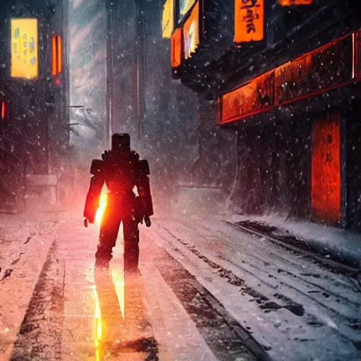 Image similar to white mecha armor Bladerunner 2049 still tall white armor walks through snowy street intimidating glowing orange emissives snowy evening moody dark lighting numerous people on the street