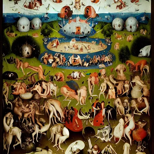 Image similar to additional characters from the garden of earthly delights by hieronymus bosch