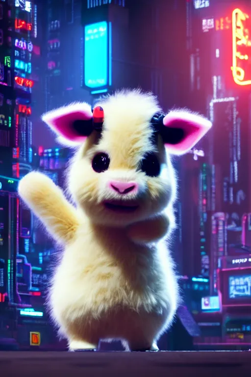 Image similar to high quality 3 d render very cute fluffy! cyborg cow plays guitar, cyberpunk highly detailed, unreal engine cinematic smooth, in the style of blade runner & detective pikachu, hannah yata charlie immer, moody light, low angle, uhd 8 k, sharp focus