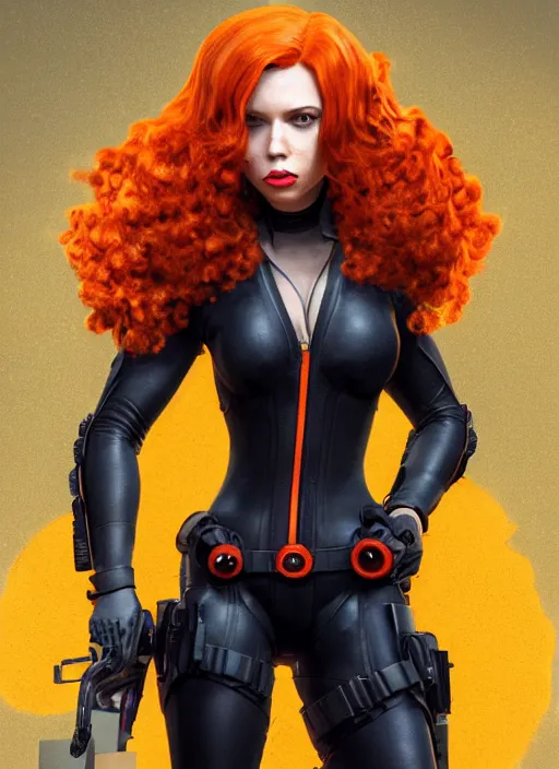 Image similar to biohazard portrait of black widow curly!!! orange!! hair girl bioshock, au naturel, hyper detailed, digital art, trending in artstation, cinematic lighting, studio quality, smooth render, unreal engine 5 rendered, octane rendered, art style by klimt and nixeu and ian sprigger and wlop and krenz cushart