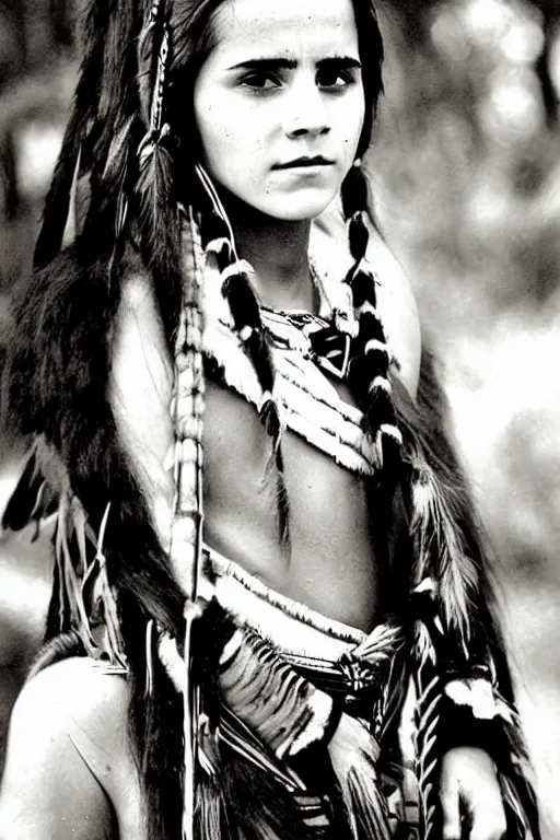 Prompt: Photo of Native American indian woman Emma Watson, portrait, skilled warrior of the Apache, ancient, realistic, detailed, Emma Watson