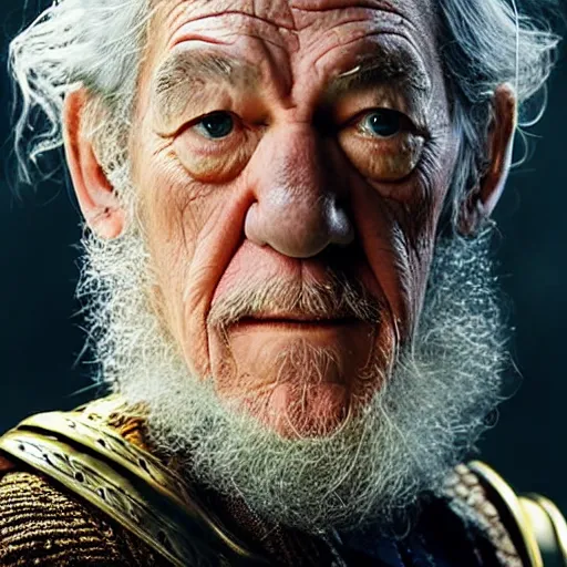 Prompt: sir ian mckellen playing odin all father from the thor movie, highly detailed, cinematic shot, cinematic lighting, 8 k, exquisit facial detail