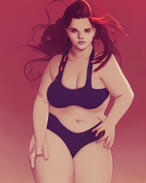 Image similar to portrait of cute chubby barbara palvin in red swimsuit running on the beach, ambient lighting, 4 k, lois van baarle, ilya kuvshinov, rossdraws, alphonse mucha, jung gi kim, artstation