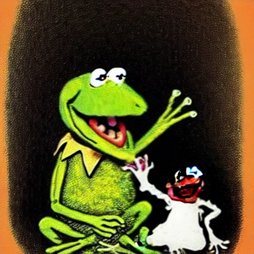 Image similar to “Kermit the Frog Devouring His Son” by Francisco Goya