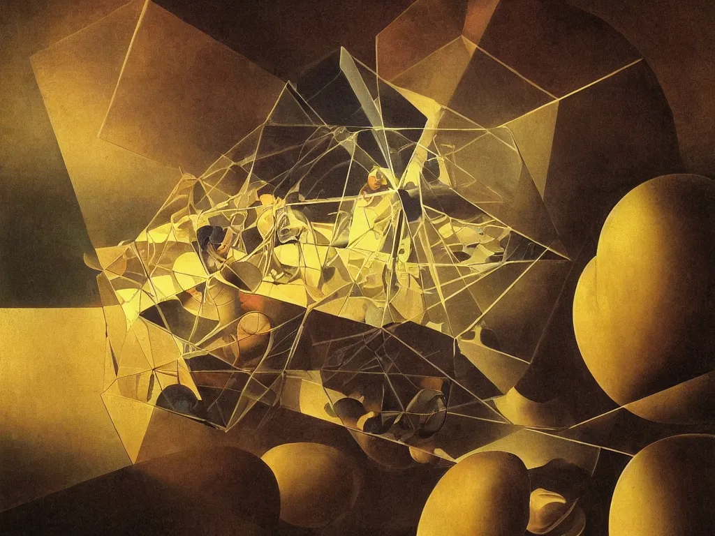 Image similar to hyperrealistic still life portrait of a mind exploding inside of a serene temple, beautiful plans, sacred geometry, light refracting through prisms in a tesseract, by Caravaggio, botanical print, surrealism, vivid colors, serene, golden ratio, rule of thirds, negative space, minimalist composition