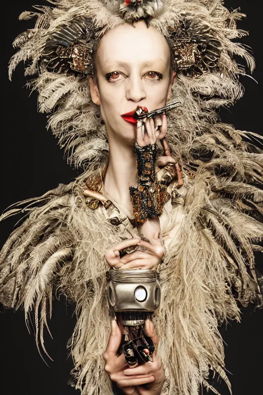 Prompt: photography portrait by paolo roversi of a actress robot smoking wearing a ornate costume with feathers by iris van herpen, highly detailed, artstation, smooth, sharp foccus, artstation hq, skin grain detail, high detail, creativity in fashion design