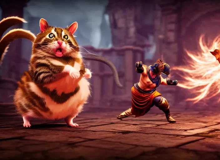 Image similar to hamster fights a cat in mortal kombat on the background of a laughing shao khan. fantasy magic style. highly detailed 8 k. intricate. lifelike. soft light. sony a 7 r iv 5 5 mm. unreal engine with nanite and path tracing