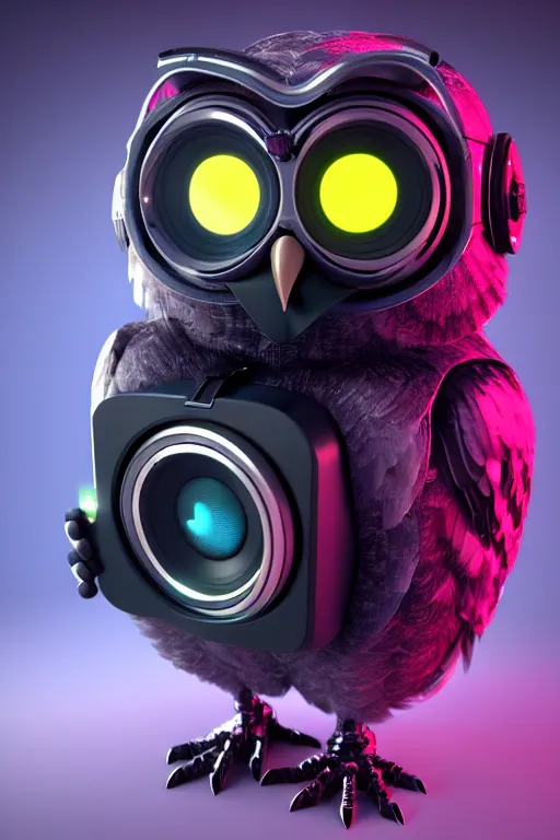 Image similar to high quality 3 d render very cute cyborg owl! with boombox!, cyberpunk highly detailed, unreal engine cinematic smooth, in the style of blade runner & detective pikachu, hannah yata charlie immer, moody light, low angle, uhd 8 k, sharp focus