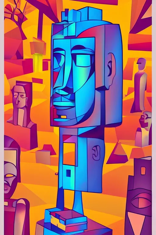 Image similar to cubist moai statue cutout digital illustration cartoon colorful beeple