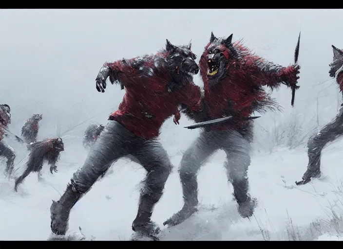 Image similar to jakub rozalski artstation, werewolves fighting in a snowstorm