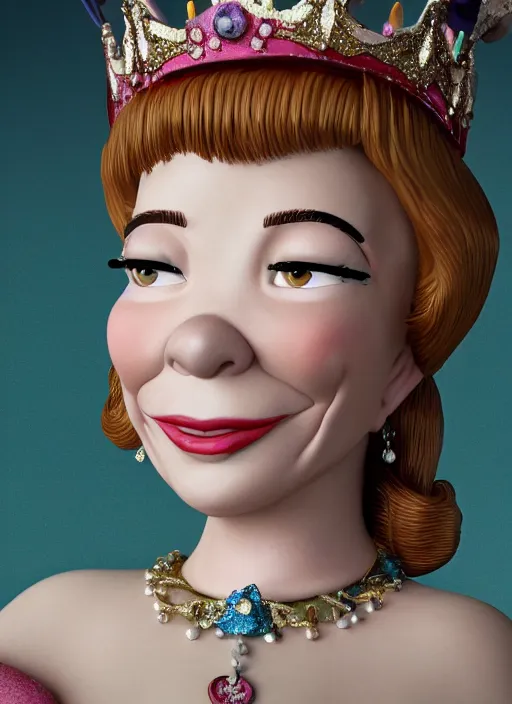 Prompt: closeup face profile portrait of tin toy shirley maclaine as a fairytale princess wearing a crown eating cakes, bikini, depth of field, zeiss lens, detailed, symmetrical, centered, fashion photoshoot, by nicoletta ceccoli, mark ryden, lostfish, breathtaking, 8 k resolution, extremely detailed, beautiful, establishing shot, artistic, hyperrealistic, octane render