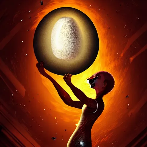 Prompt: an egg bigger than a planet cracks open and the gooey earth slowly drips out. digital art, dramatic lighting, comedy, science fiction, concept art, epic fantasy, surreal. style of fifth element ( film )