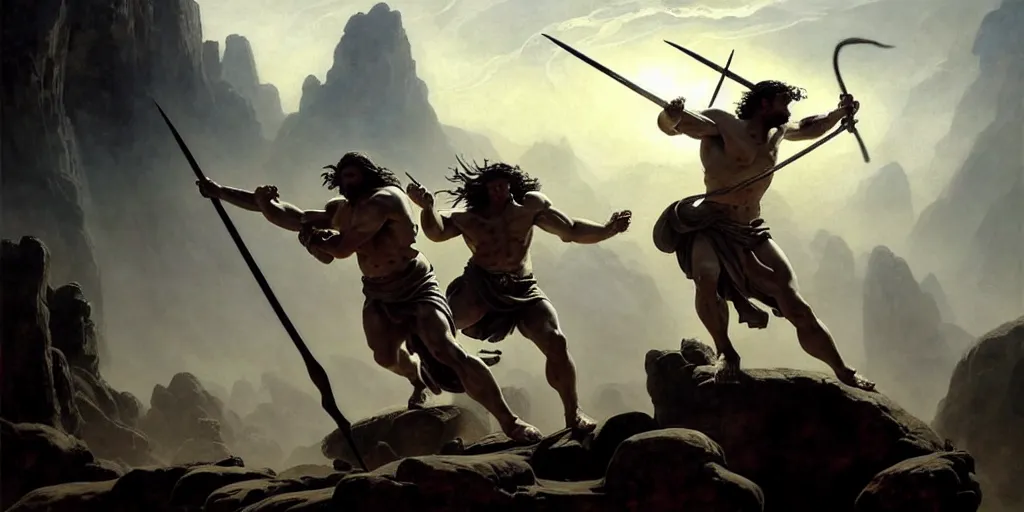 Image similar to realistic painting of biblical Cain with a spear fighting Abel with a scythe, a stone altar with white smoke ascending in the background, masculine and rugged, inspired art by Frazetta + facial symmetry + dramatic volumetric lighting, well lit, 8k octane render, intricate, epic composition, grim yet sparkling atmosphere, cinematic lighting + masterpiece, trending on artstation, very detailed, masterpiece, stunning