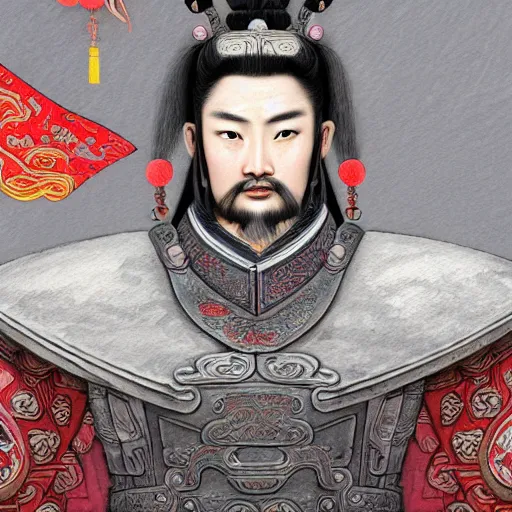 Image similar to dynamic composition, motion, ultra-detailed, incredibly detailed, a lot of details, amazing fine details and brush strokes, colorful and grayish palette, smooth, HD semirealistic anime CG concept art digital painting, watercolor oil painting of a Tang Ming dynasty chinese tao fantasy general wearing armor, from Three Kingdoms, by a Chinese artist at ArtStation, by Huang Guangjian, Fenghua Zhong, Ruan Jia, Xin Jin and Wei Chang. Realistic artwork of a Chinese videogame, gradients, gentle an harmonic grayish colors.