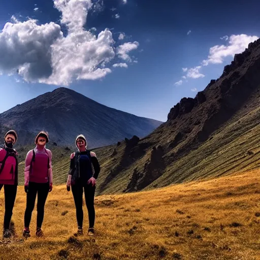 Image similar to of team in Armenia hiking at a weekend and posing with mountains on the background, the word Willow is in view like one in Hollywood, elegant, highly detailed, digital painting, volumetric light, artstation,, smooth, sharp focus, professional photos