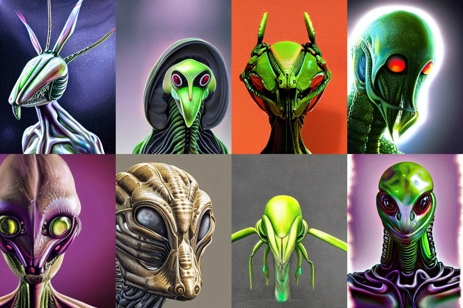 Image similar to organic alien in the form of mantis head, fullbody, hyperrealism, realistic photo, ultra detailed, surreal, heavy, technology, symmetrical front, dramatic lights, space parasite, frightening