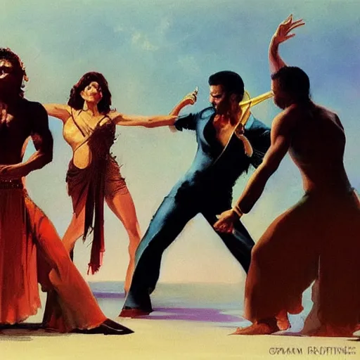 Image similar to latin dance band saturated colors, cinematic, vallejo, frazetta, greg rutkowski, rowena morrill, juan gimenez