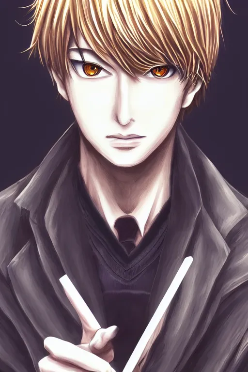 Image similar to light yagami, god of the new world, highly detailed, digital art, sharp focus, trending on art station, death note