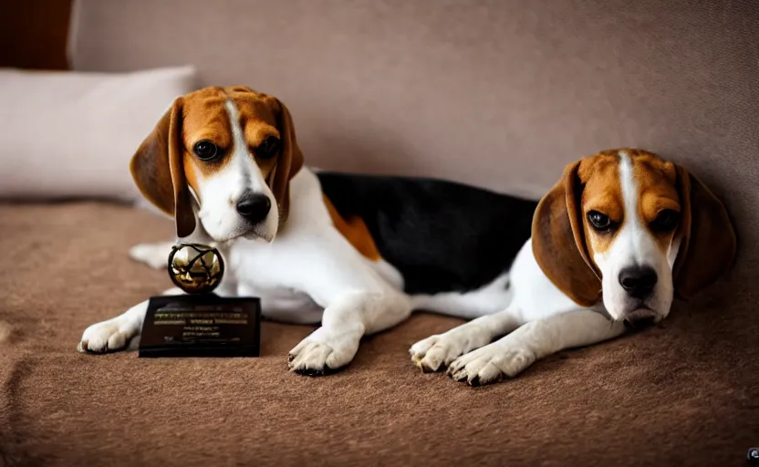Image similar to beagle dog on a bed, photojournalism, award winning photo by national geographic, 8 k