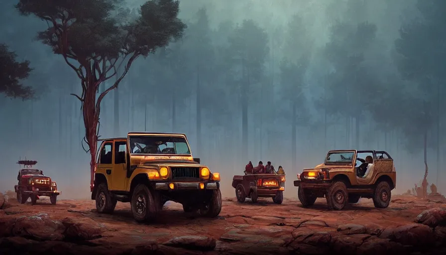 Image similar to Mahindra thar, tribe members watching nearby, an epic fantasy, dramatic lighting, cinematic, establishing shot, extremely high detail, photorealistic, cinematic lighting, artstation, by simon stalenhag, horizon forbidden west