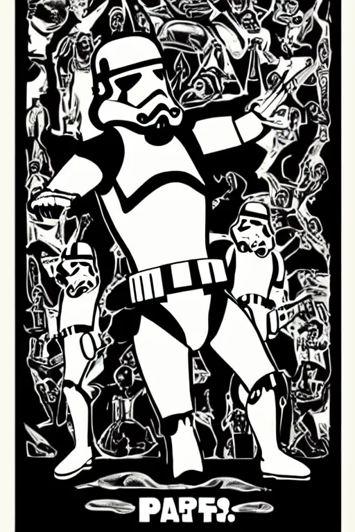 Image similar to “stormtrooper dancing, poster, José Guadalupe Posada style”