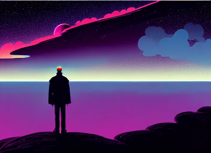Prompt: dark silhuette of a man standing on a gray dull cliff looking out into a colorful cosmos, clouds, stars, rings, beautiful lighting, vivid colors, intricate, elegant, art by syd mead, terada katsuya, atey ghailan, svetlin velinov