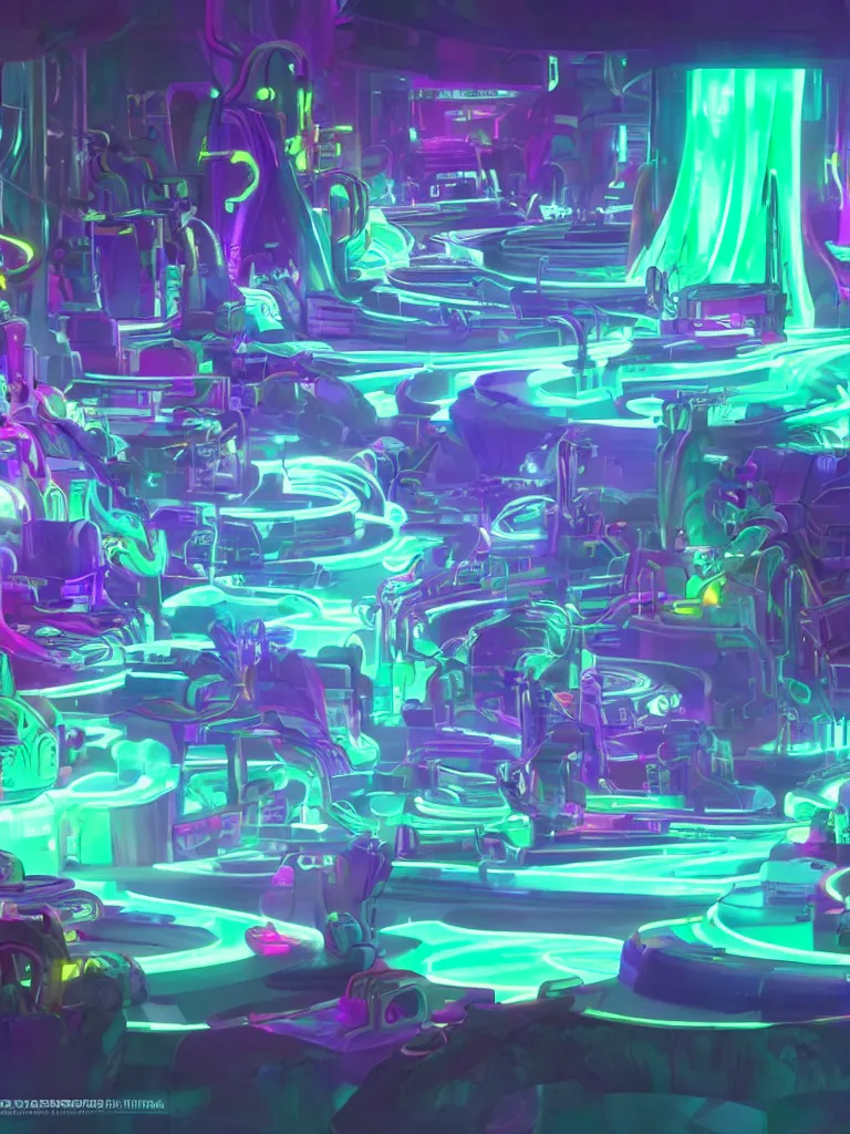 Prompt: glowing neon fluid flowing through mekanism pipes by disney concept artists, blunt borders, rule of thirds