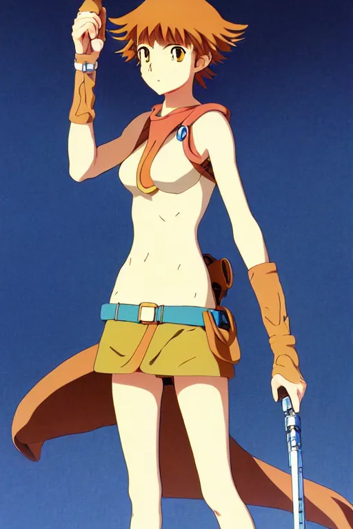 Image similar to anime art full body portrait character nausicaa by hayao miyazaki concept art, anime key visual of elegant young female, brown hair and large eyes, finely detailed perfect face delicate features directed gaze, sunset in a valley, trending on pixiv fanbox, studio ghibli, extremely high quality artwork