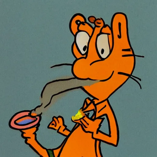 Image similar to Garfield smoking a pipe, drawn by a 5 year old with crayons