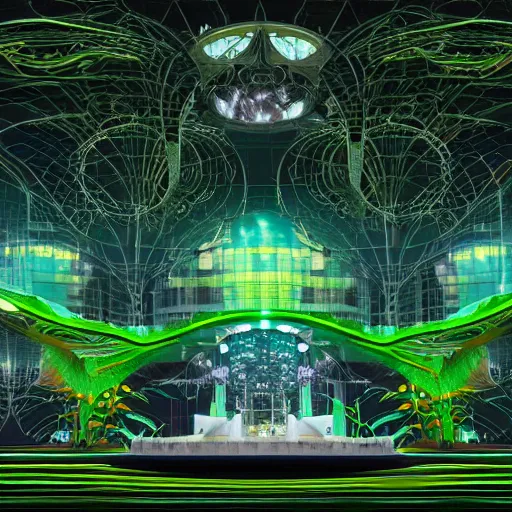 Image similar to a post - singularity solarpunk harmonic green lush overgrown utopia in which wired up the ai synthesizer on the center stage highest goal is to induce the utmost state of happiness to its people by creating and playing music, blissful, unreal, 4 k, hyperrealistic, refraction, bryce 3 d, architecture, by victor henrich, art nouveau