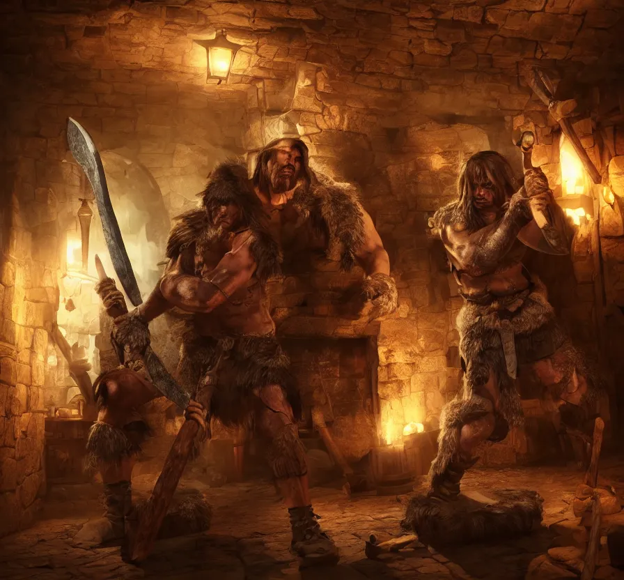 Prompt: barbarian with big axe in medieval tavern, instagram, unreal engine 5, digital art, wallpaper, 8 k, ultra detailed, realistic photo, artstation