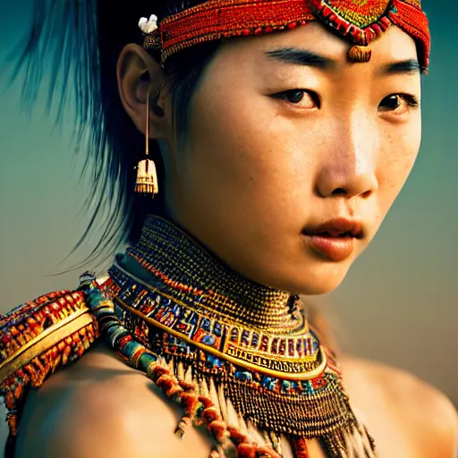 Image similar to portrait of a stunningly beautiful asian tribal female, depth of field, zeiss lens, detailed, symmetrical, centered, fashion photoshoot, by annie leibovitz and steve mccurry, david lazar, jimmy nelsson, breathtaking, 8 k resolution, extremely detailed, beautiful, establishing shot, artistic, hyperrealistic, beautiful face, octane render