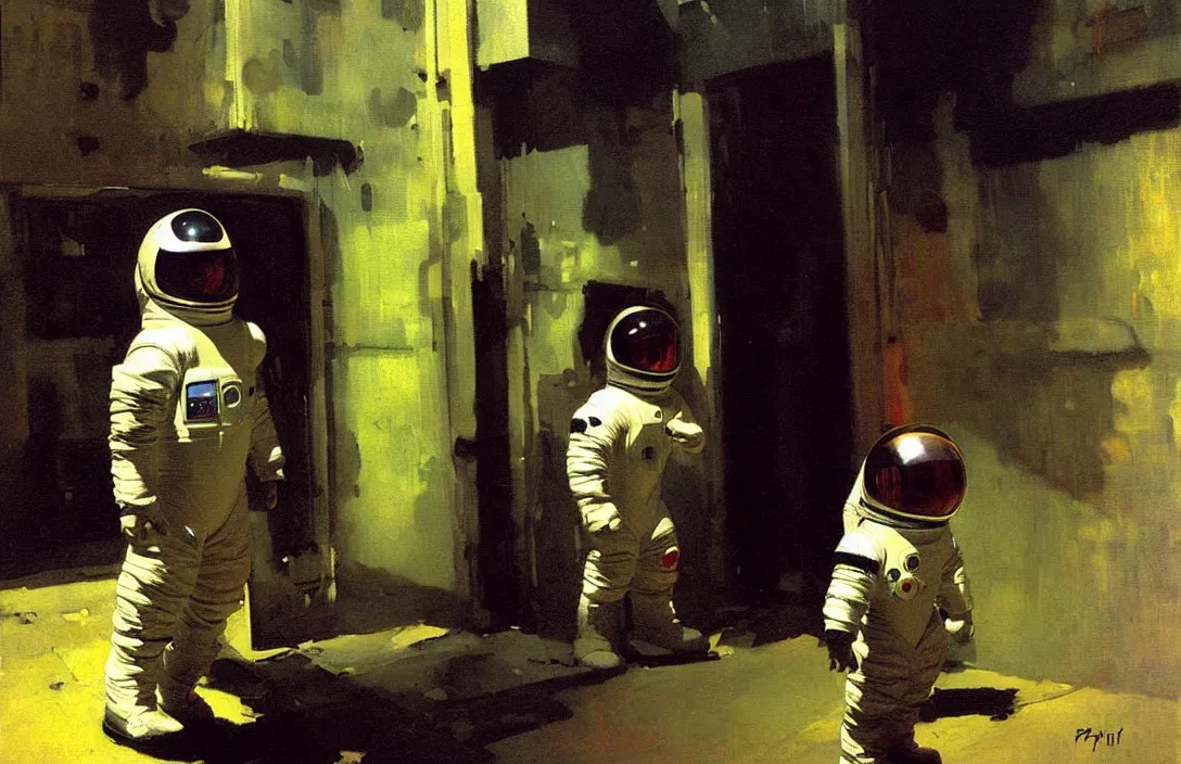 Prompt: 1 child dressed as spacemen, in an alleyway detailed painting, epic lighting, by ilya repin, phil hale and kent williams