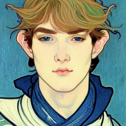 Image similar to portrait painting of young handsome beautiful paladin elf!! man with long! wavy dark hair and blue eyes in his 2 0 s named taehyung minjun james, pale, wearing armor!, gorgeous hair, elf ears, icy eyes, elegant, cute, delicate, soft facial features, art by alphonse mucha, vincent van gogh, egon schiele,