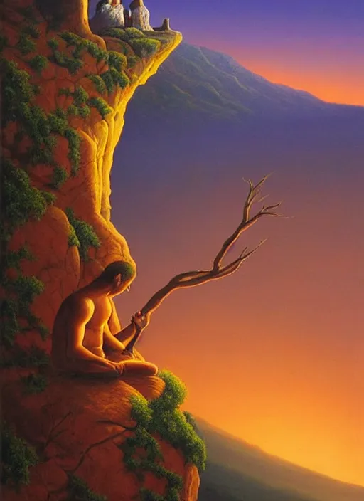 Image similar to an shaman sitting at the top of a cliff, looking down at the valley, doing a vision quest, beautiful sunset, art by vladimir kush