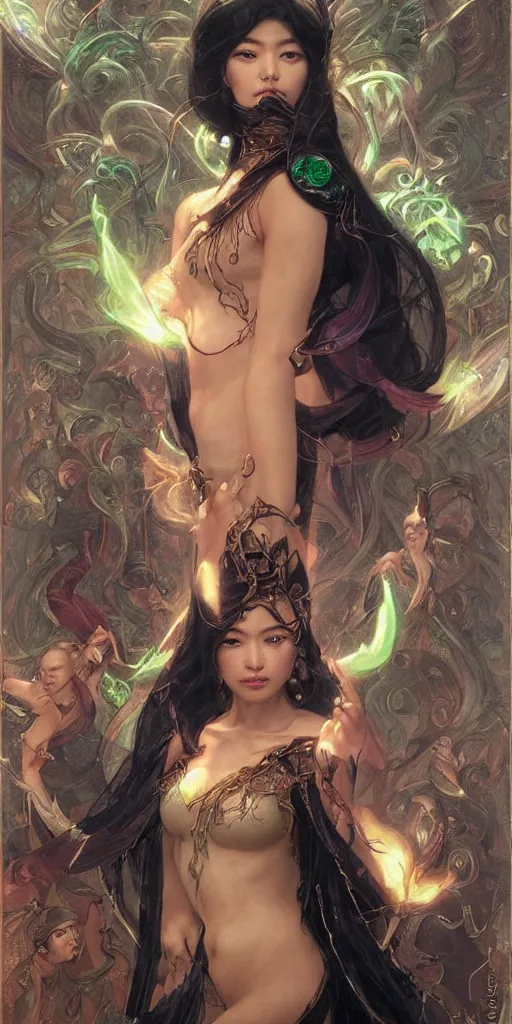 Prompt: epic masterpiece portrait of a dark asian sorceress with a magic wand, followed by heads with many faces, beautiful face and flawless skin, perfect hands, emeralds by Edgar Maxence and Ross Tran and Michael Whelan, Legends of Runeterra