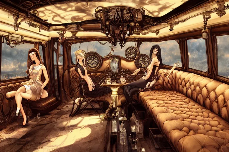 Image similar to interior of a steampunk limousine, pretty women having fun, luxury, 3d scene, render, ultra realistic, zenith view, Greg Rutkowski, artstation, cgsociety, level design, unreal engine, 3d scene, render, ultra realistic, zenith view, Milo Manara, Frank Frazetta, joe madureira