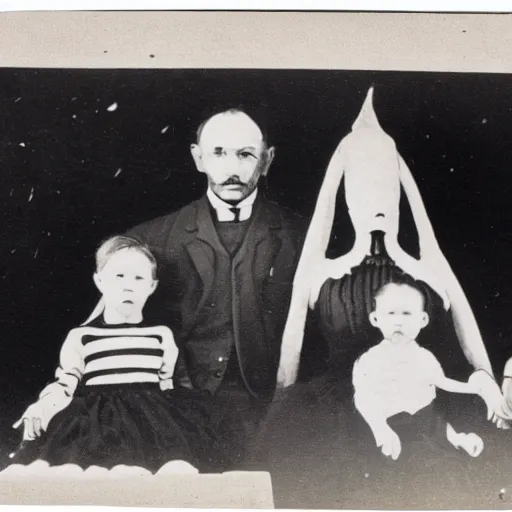 Image similar to old alien family photos, black and white, 1 9 0 0 s