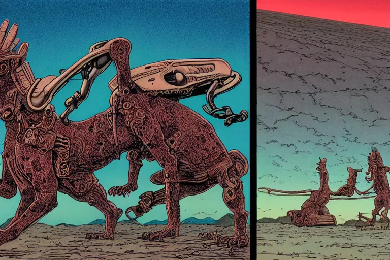 Prompt: monstrous evil xoloitzcuintli dog in the space atacama desert at dusk, hungry and drooling, cracking bones, near a retro - futuristic train station, futuristic comic book by moebius, william stout, katsuya terada