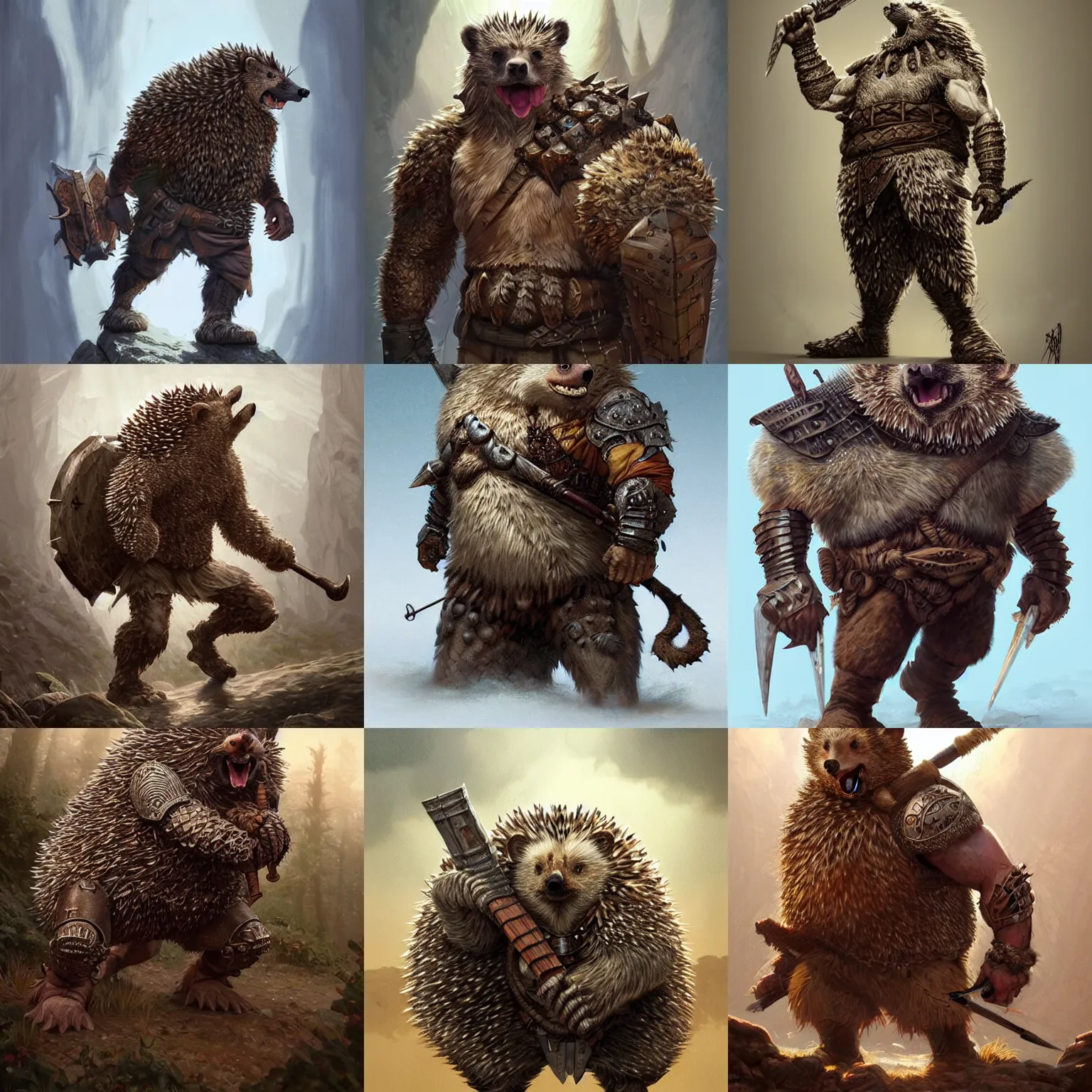 Prompt: anthropomorphic rugged hedgehog!!! oversized barbarian furry muscular armored upper body long hair, 👅 👅 , D&D, fantasy, intricate, elegant, highly detailed, digital painting, artstation, concept art, smooth, sharp focus, illustration, art by artgerm and beeple and greg rutkowski and alphonse mucha