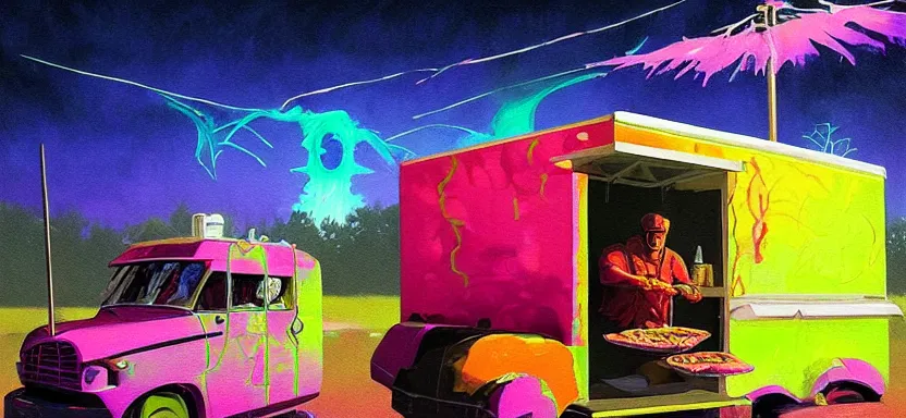 Prompt: beautiful masterpiece painting of a food truck taco vendor in a future radioactive glowing swamp, halo vehicle, grunge cyberpunk, by Remedios Varo and Anato Finnstark and Greg Rutkowski, dayglo pink, dayglo blue, by Craig Mullins, ilya kuvshinov, krenz cushart, artgerm, 8k, trending on ArtStation