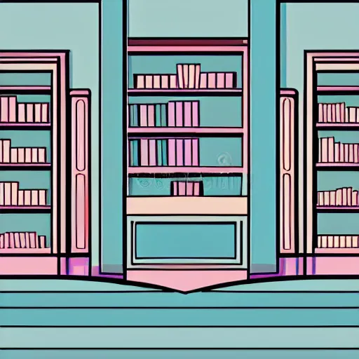Prompt: art deco vaporwave illustration of a library interior front desk in pastel colors